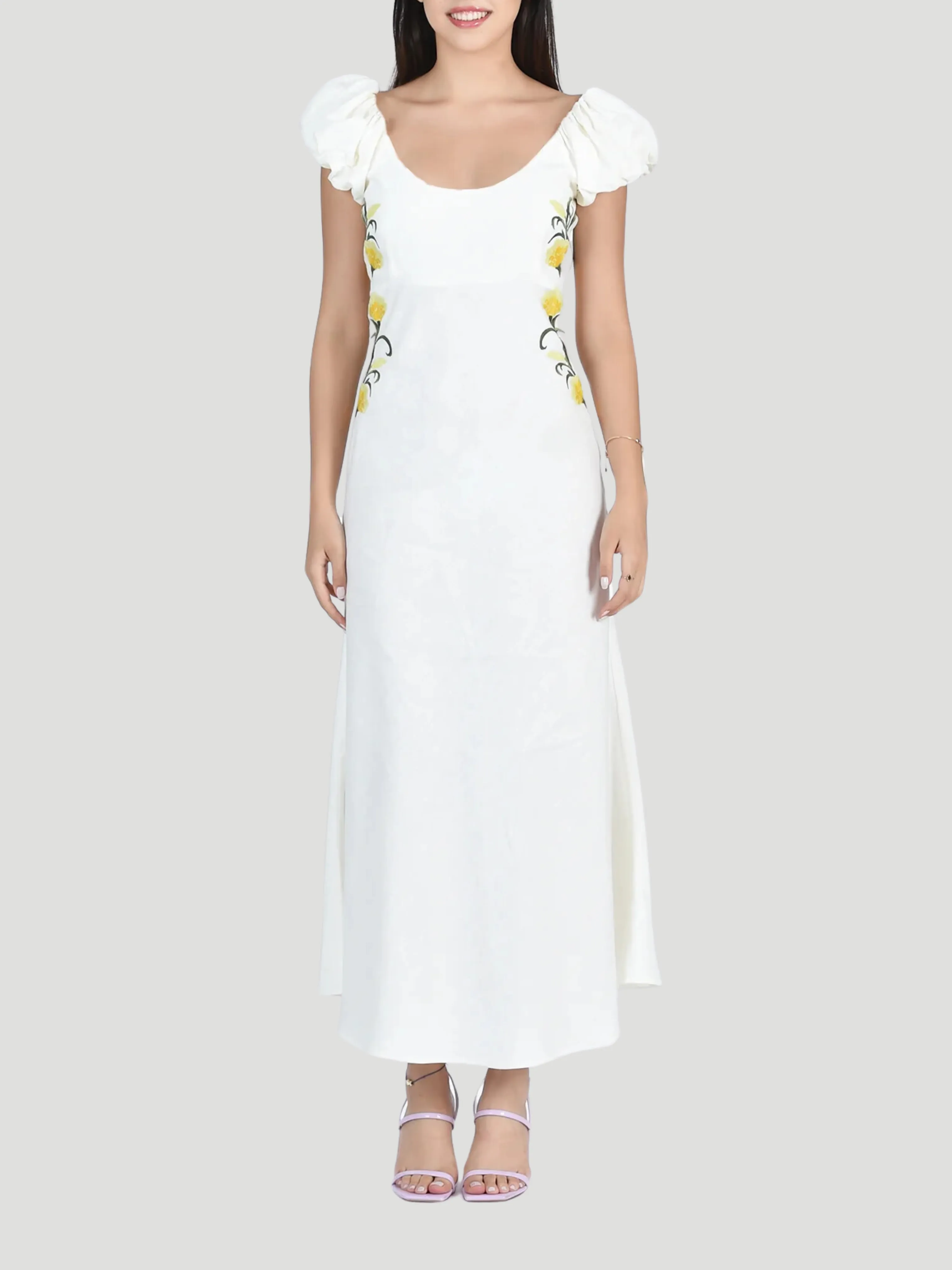 Vienna Floral Embroidery Dress in Cream