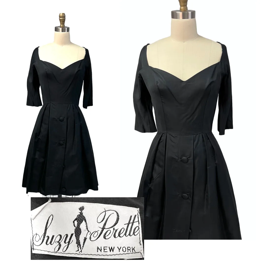 Vintage MCM Suzy Perette Black Silk Cocktail Dress 1950S Bombshell 38-27-Free