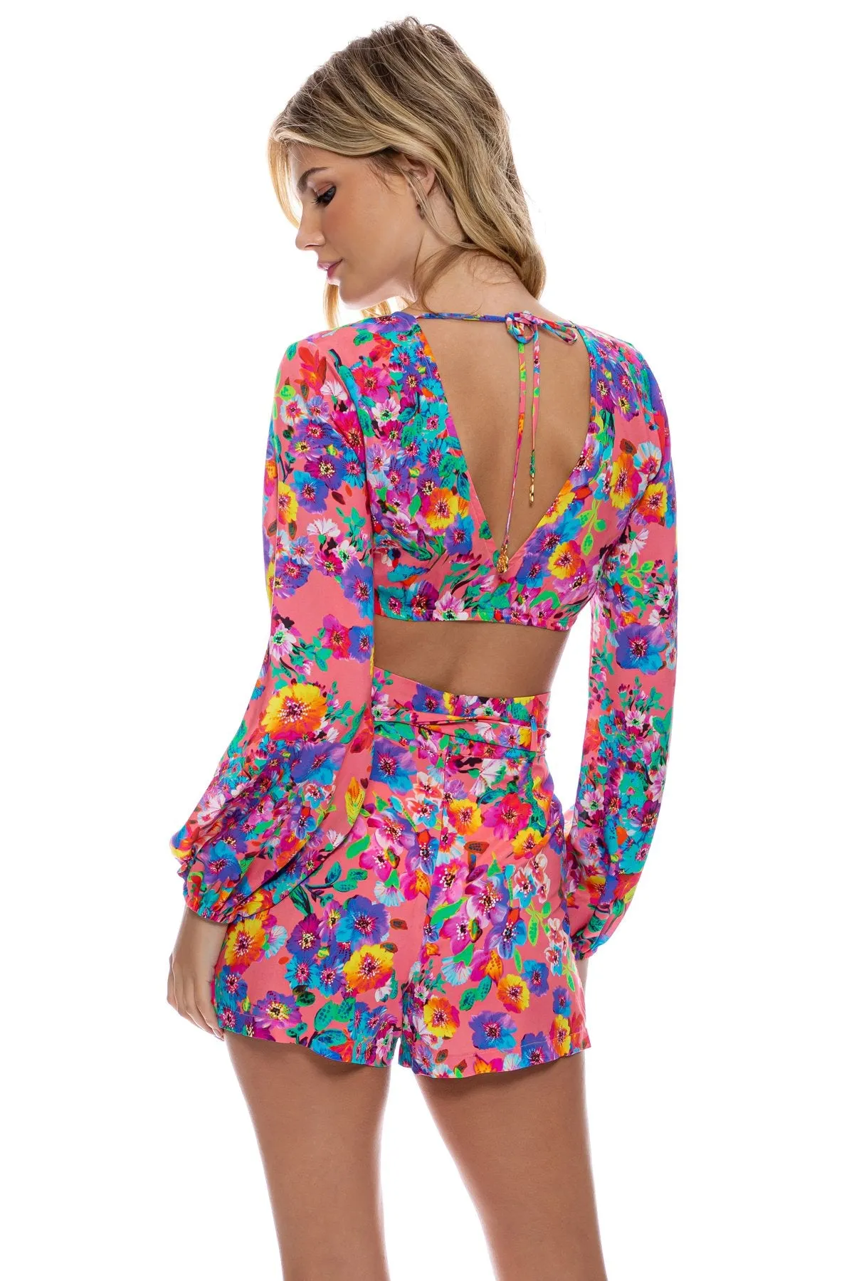 WATER BLOSSOMS - Tie Front Crop Top & Tie Waist Bermuda Shorts • Electric Coral