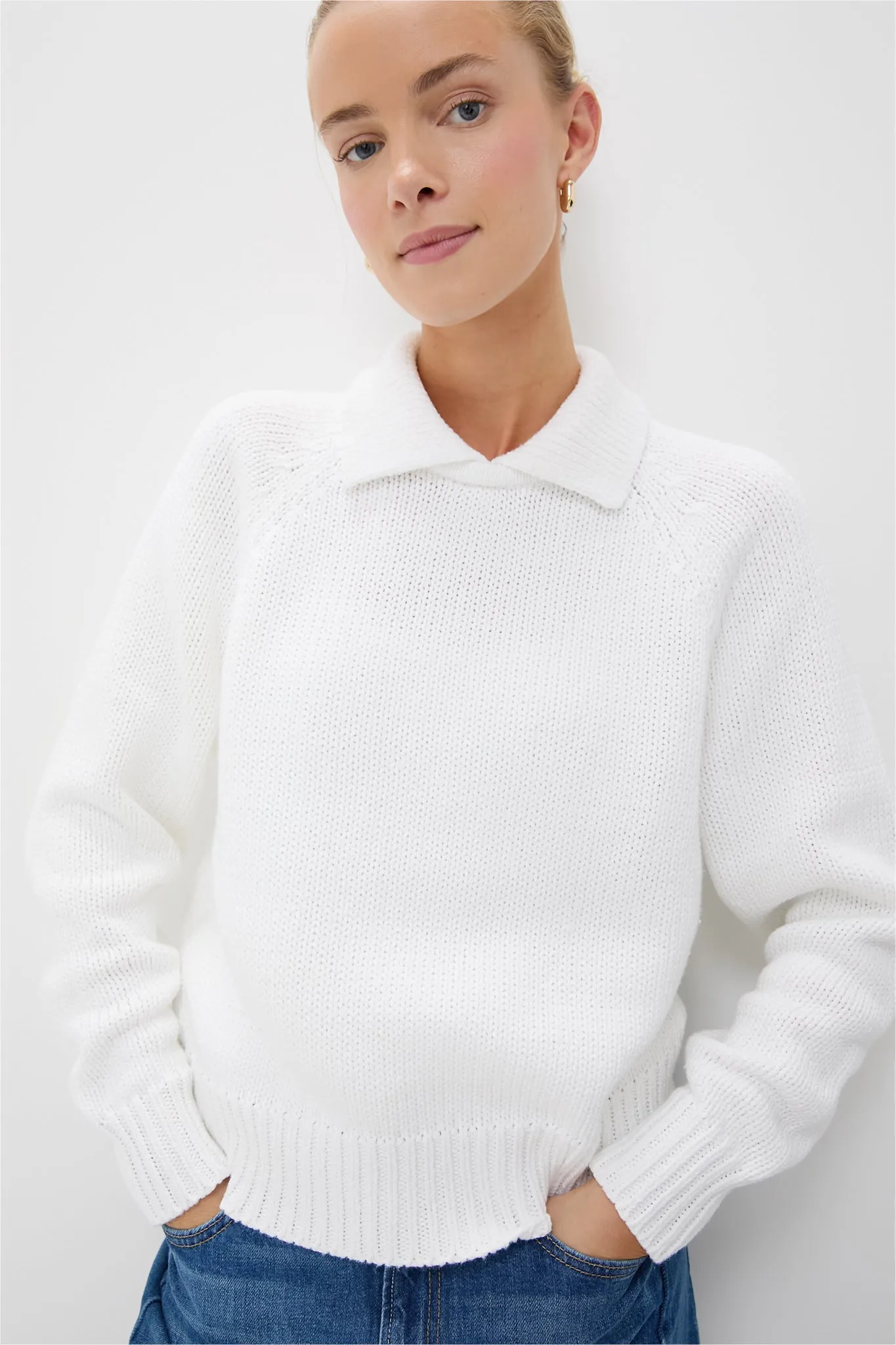 White Cotton Collar Long Sleeve Pullover Sweater