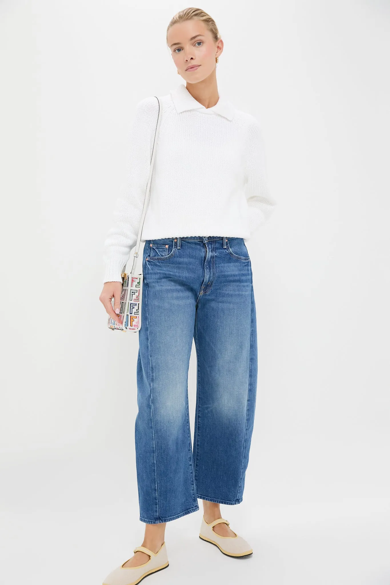 White Cotton Collar Long Sleeve Pullover Sweater