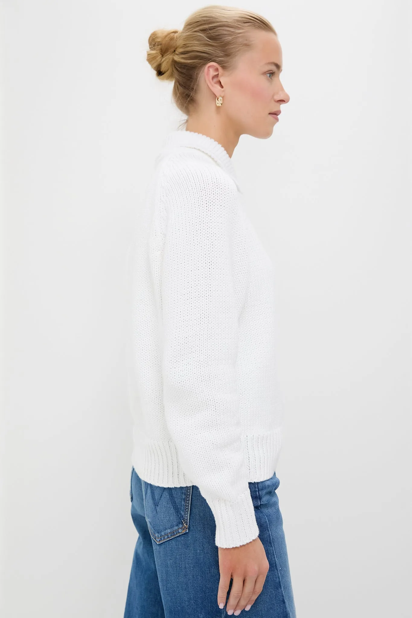 White Cotton Collar Long Sleeve Pullover Sweater