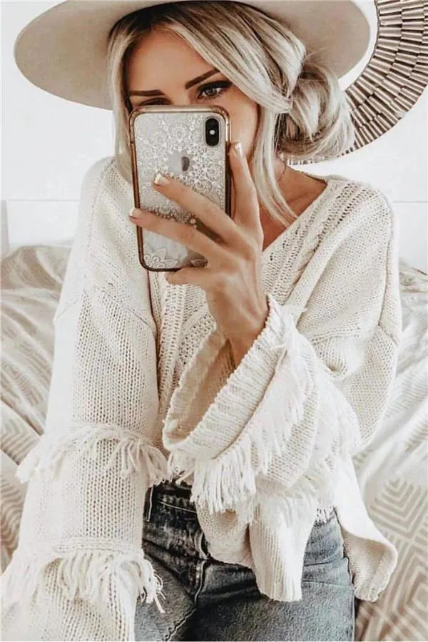 Wolffmode Chunky Knit Pom-Pom Fluffy Sweater