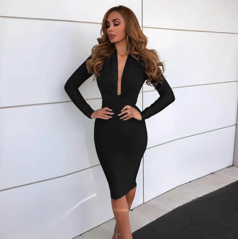 Women Bandage Dress New Arrivals Red Bandage Dress Bodycon V Neck Bandage Dress Long Sleeve Sexy Party Club