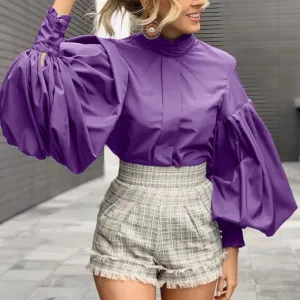 Women Big Lantern Sleeve Blouse Elegant Party Shirts Stand Collar Casual Solid Retro Top Tunic Blusas