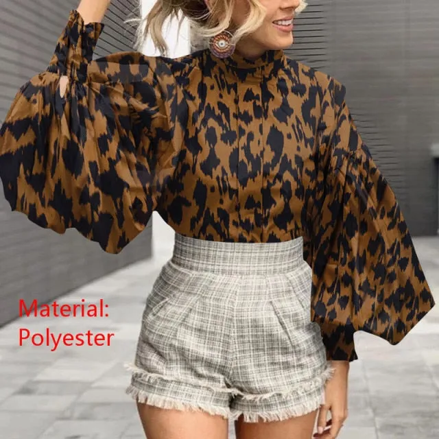 Women Big Lantern Sleeve Blouse Elegant Party Shirts Stand Collar Casual Solid Retro Top Tunic Blusas