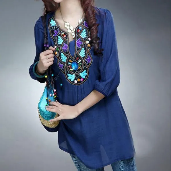 Women Blouses Ethnic Embroidery Beading Ladies Tunic Tops Beach Kimono Shirts Plus Size