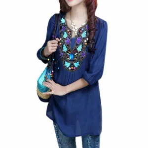 Women Blouses Ethnic Embroidery Beading Ladies Tunic Tops Beach Kimono Shirts Plus Size