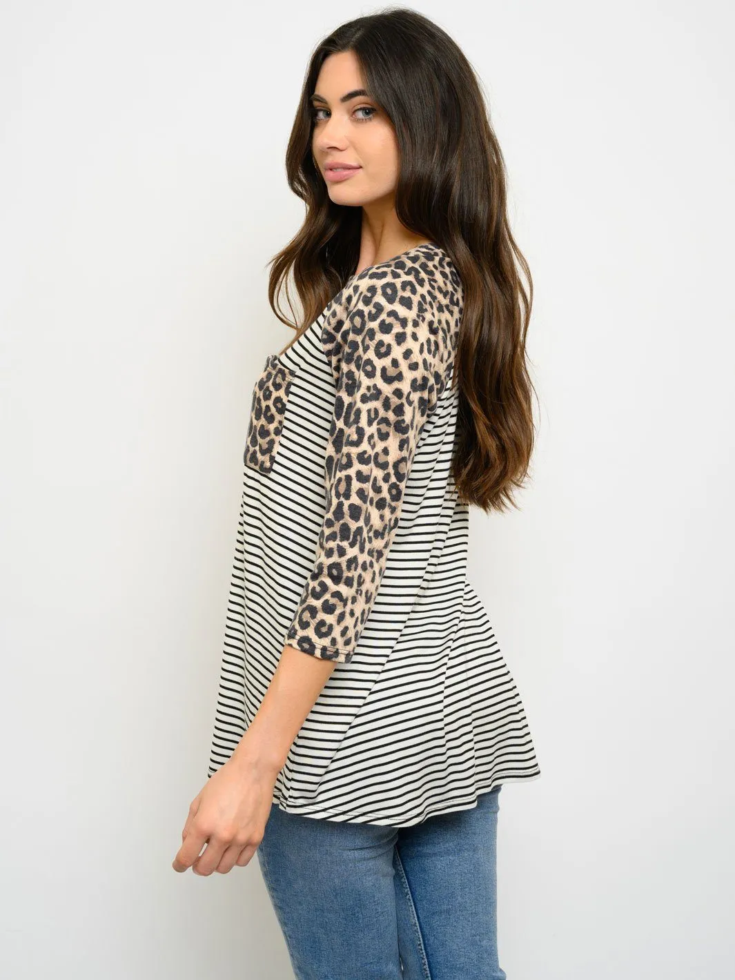 WOMEN'S 3/4 ANIMAL PRINT SLEEVE TUNIC STRIPES TOP