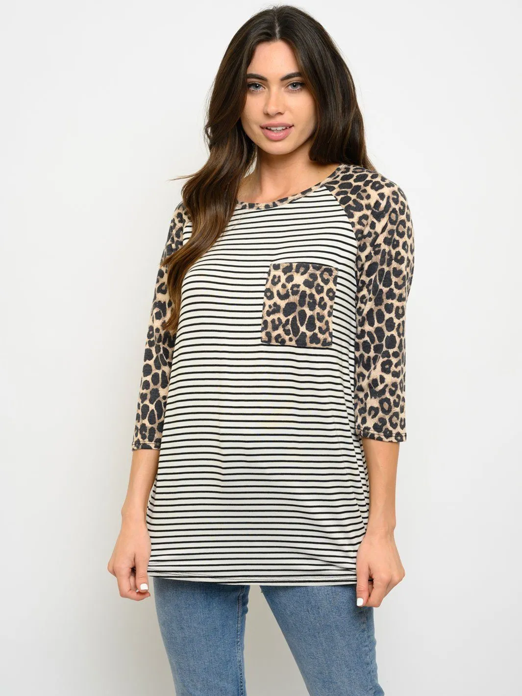 WOMEN'S 3/4 ANIMAL PRINT SLEEVE TUNIC STRIPES TOP