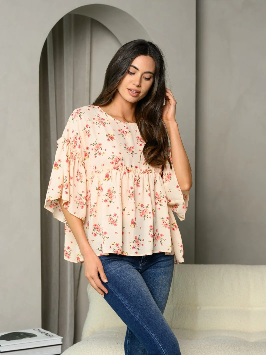 WOMEN'S 3/4 BELL SLEEVE RUFFLE FLORAL TUNIC TOP