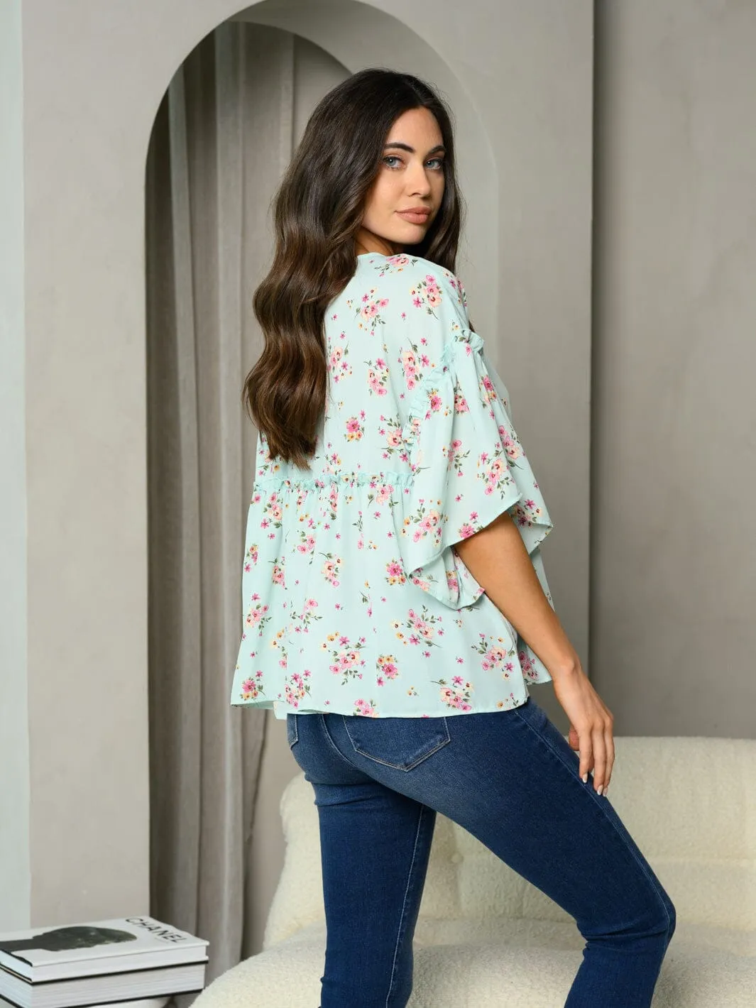 WOMEN'S 3/4 BELL SLEEVE RUFFLE FLORAL TUNIC TOP