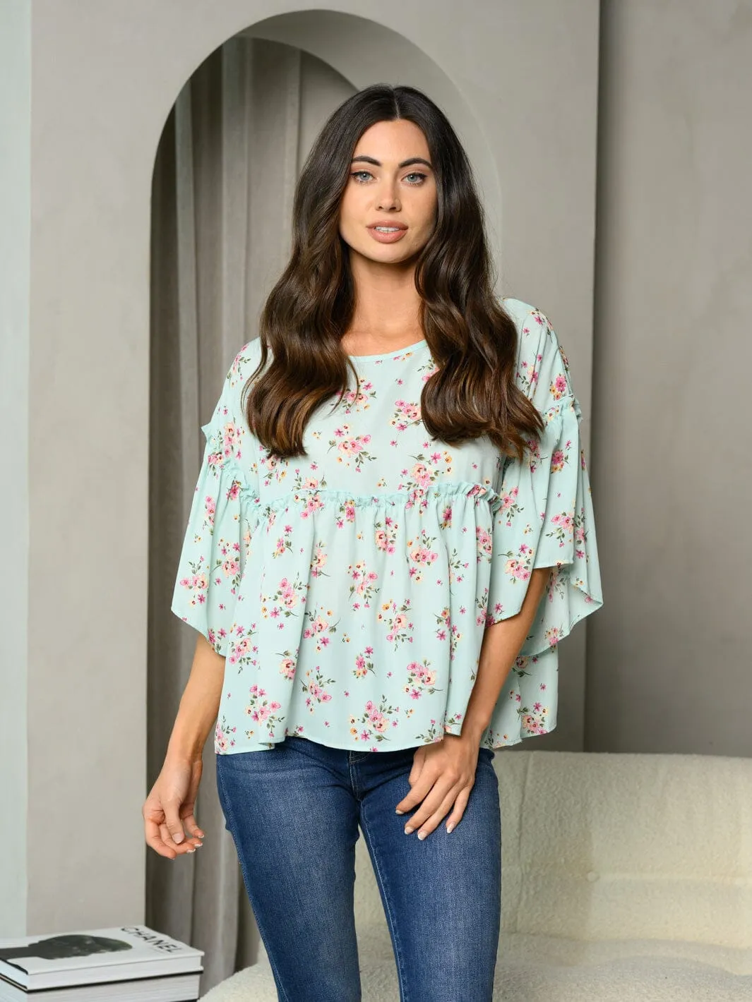 WOMEN'S 3/4 BELL SLEEVE RUFFLE FLORAL TUNIC TOP