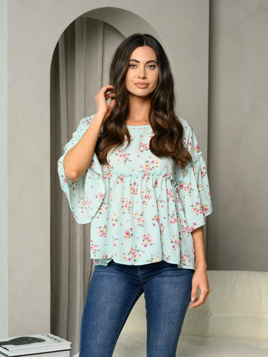 WOMEN'S 3/4 BELL SLEEVE RUFFLE FLORAL TUNIC TOP