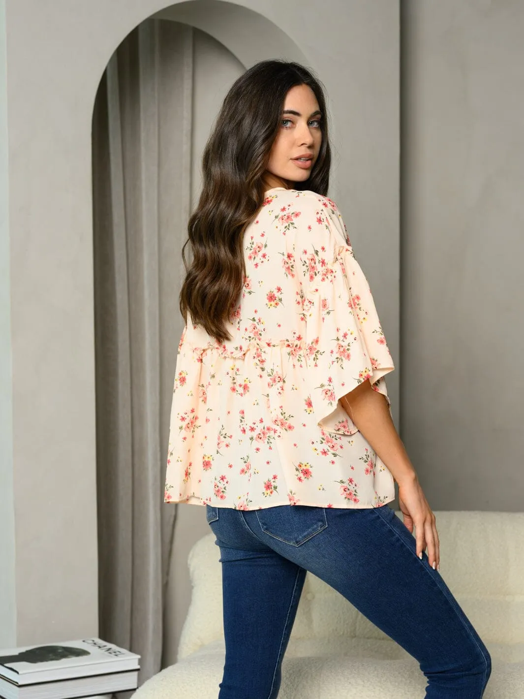 WOMEN'S 3/4 BELL SLEEVE RUFFLE FLORAL TUNIC TOP