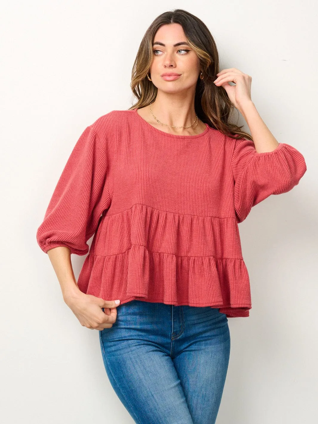 WOMEN'S 3/4 PUFF SLEEVES TUNIC TIRED TOP