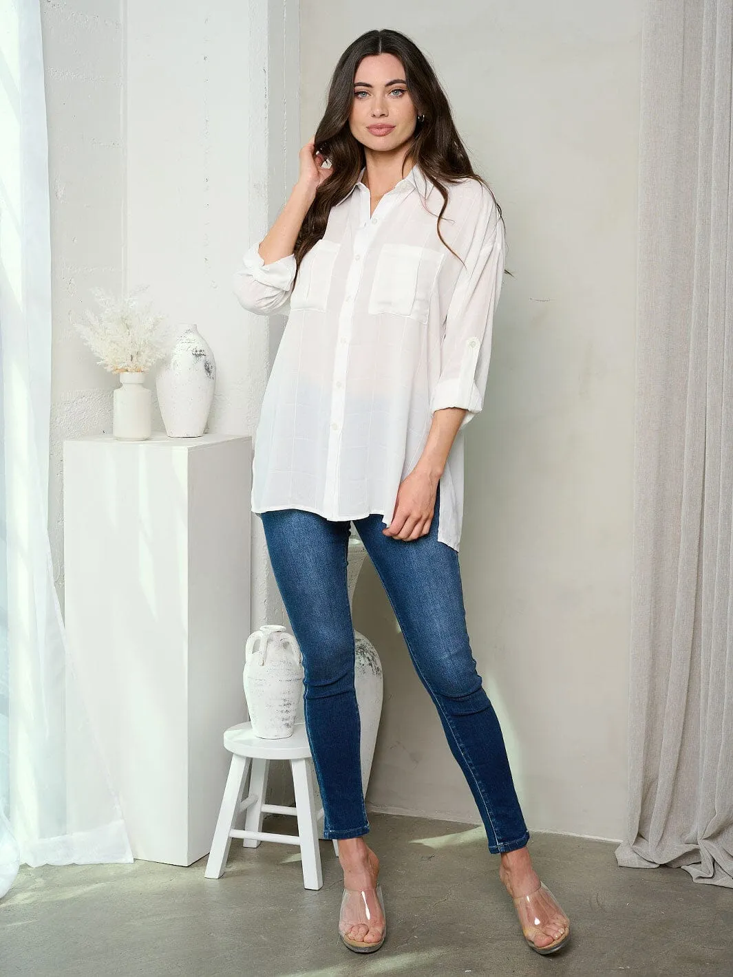 WOMEN'S 3/4 SLEEVE BUTTON UP TUNIC TOP