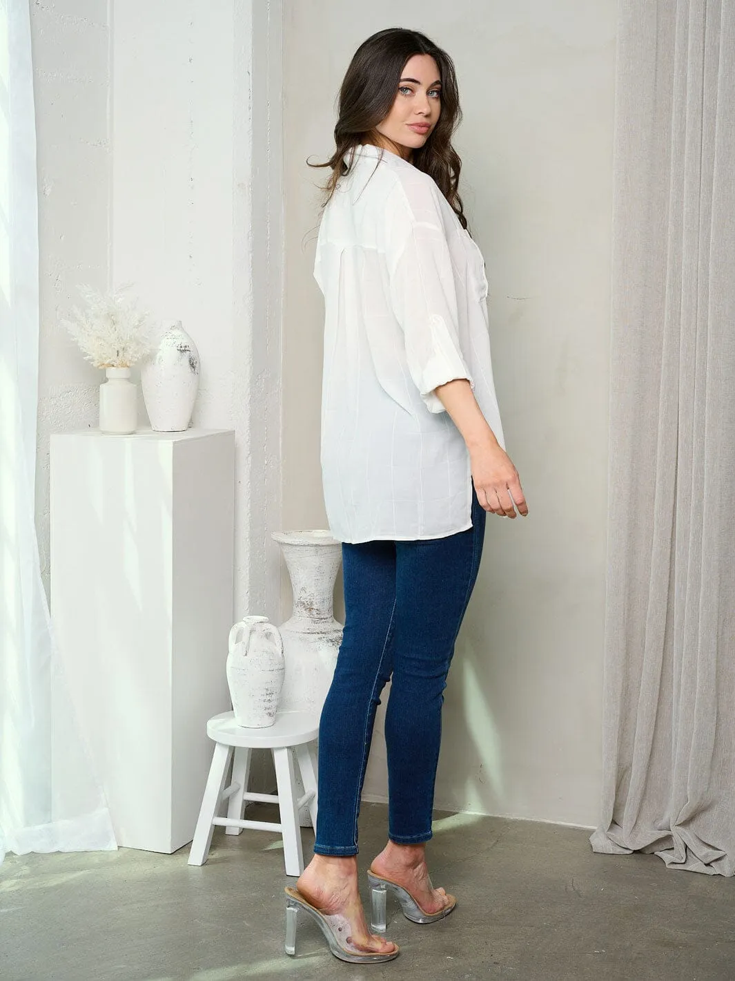 WOMEN'S 3/4 SLEEVE BUTTON UP TUNIC TOP
