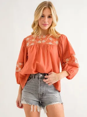 WOMEN'S 3/4 SLEEVES EMBROIDRY FLORAL BLOUSE TOP