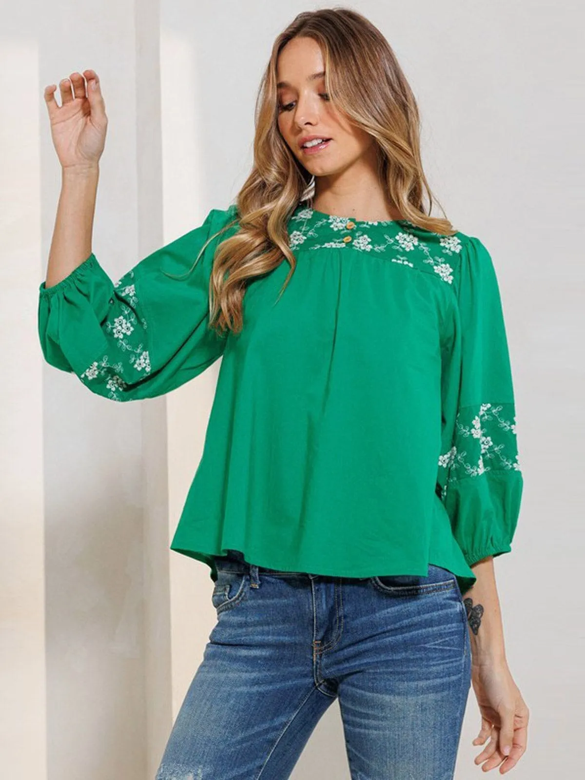 WOMEN'S 3/4 SLEEVES EMBROIDRY FLORAL BLOUSE TOP