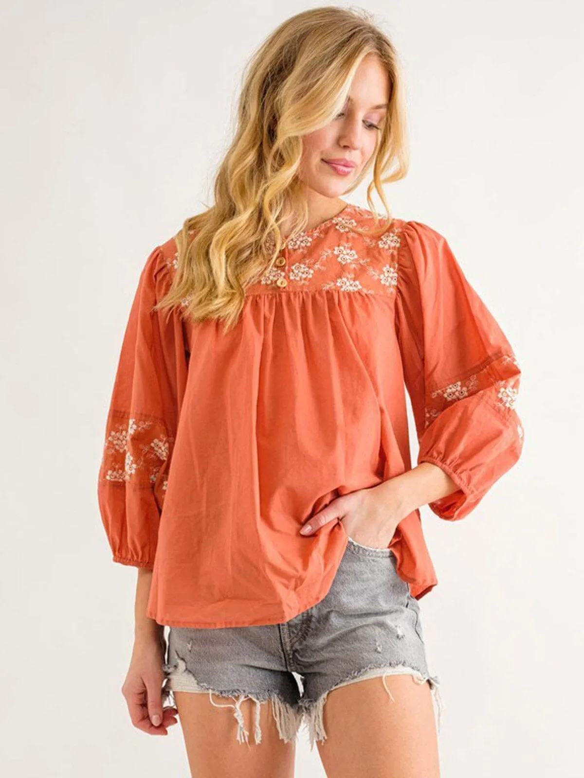 WOMEN'S 3/4 SLEEVES EMBROIDRY FLORAL BLOUSE TOP