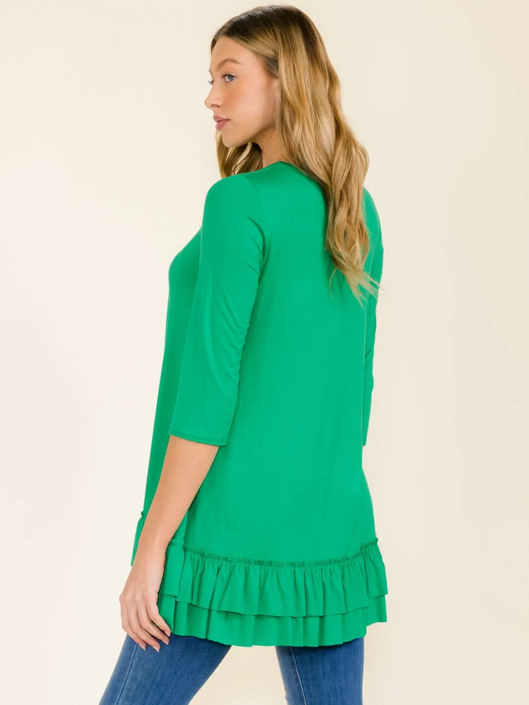 WOMEN'S 3/4 SLEEVES RUFFLE BOTTOM HEM TUNIC HIGH-LOW TOP