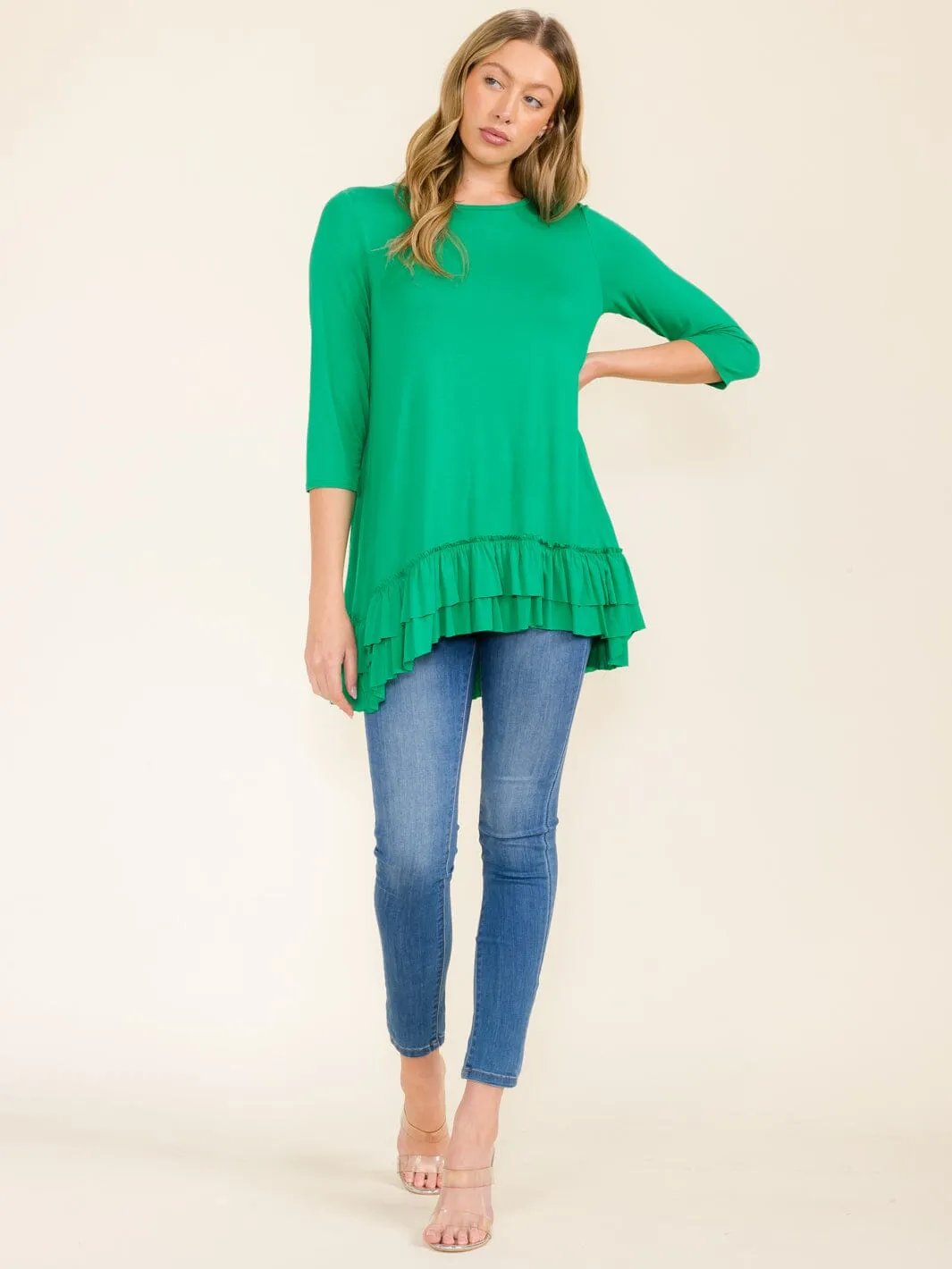 WOMEN'S 3/4 SLEEVES RUFFLE BOTTOM HEM TUNIC HIGH-LOW TOP