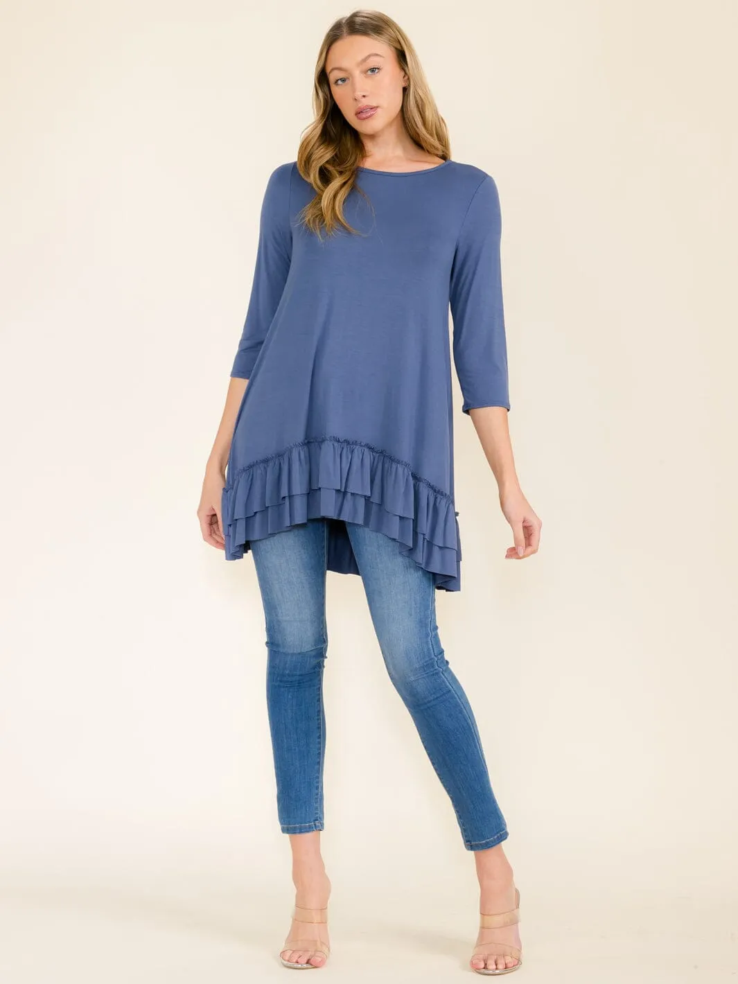 WOMEN'S 3/4 SLEEVES RUFFLE BOTTOM HEM TUNIC HIGH-LOW TOP