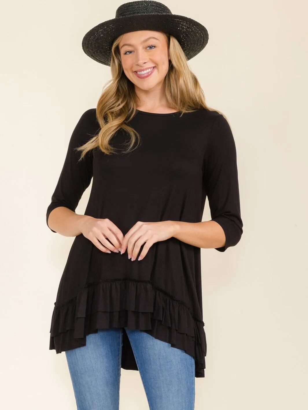 WOMEN'S 3/4 SLEEVES RUFFLE BOTTOM HEM TUNIC HIGH-LOW TOP