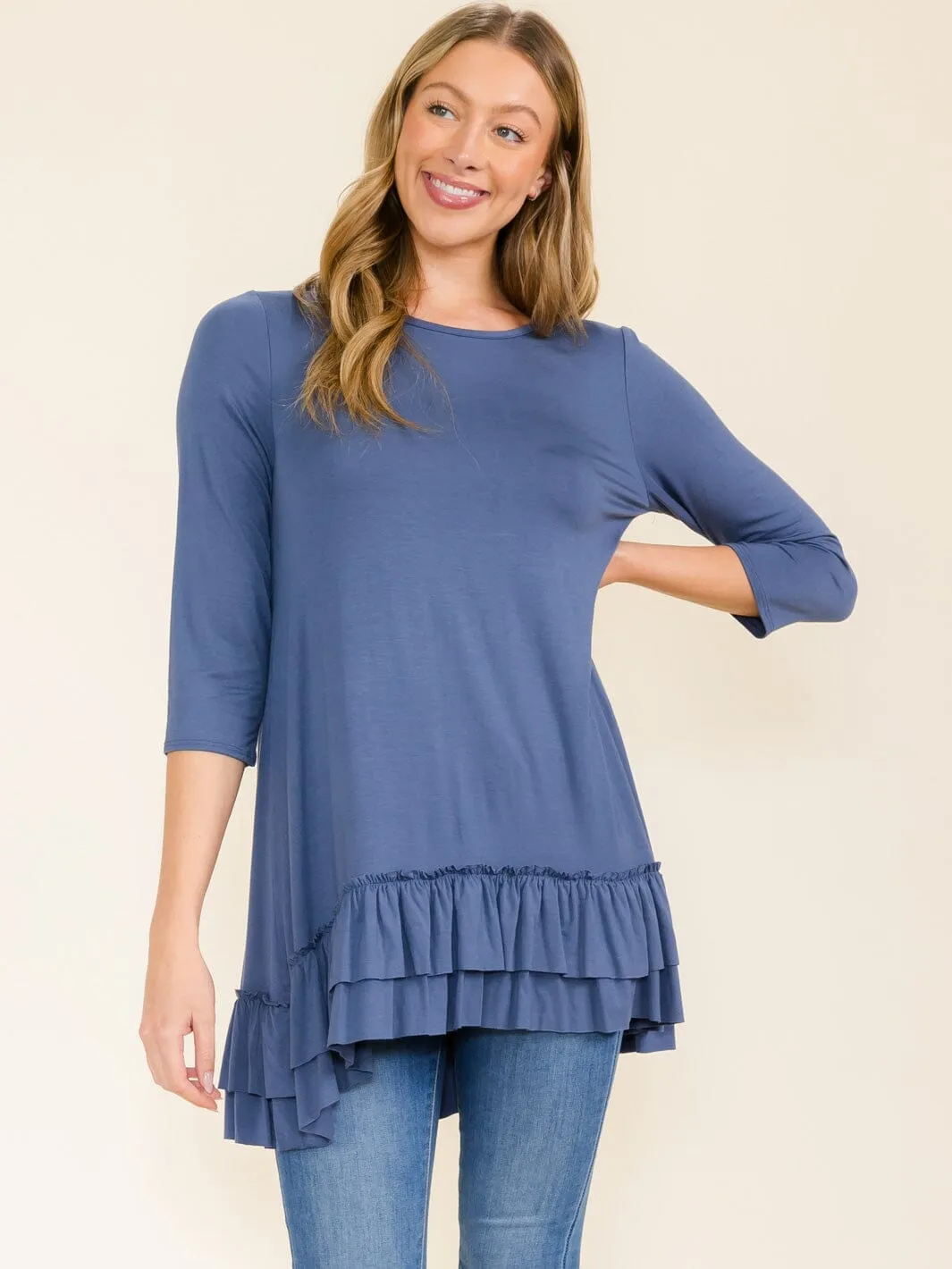 WOMEN'S 3/4 SLEEVES RUFFLE BOTTOM HEM TUNIC HIGH-LOW TOP