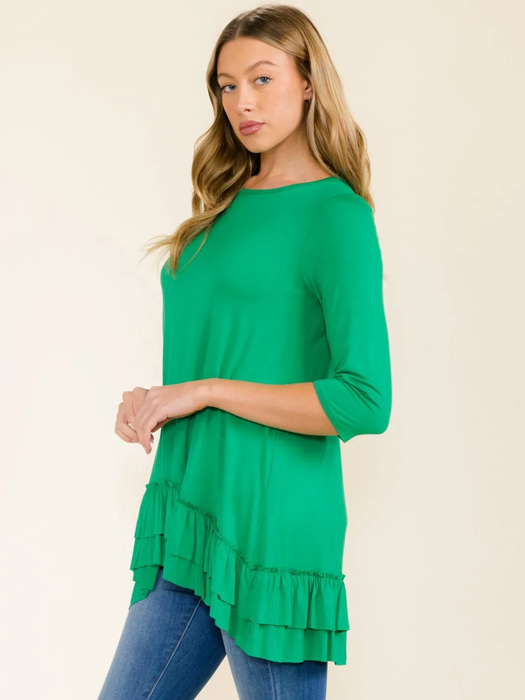 WOMEN'S 3/4 SLEEVES RUFFLE BOTTOM HEM TUNIC HIGH-LOW TOP