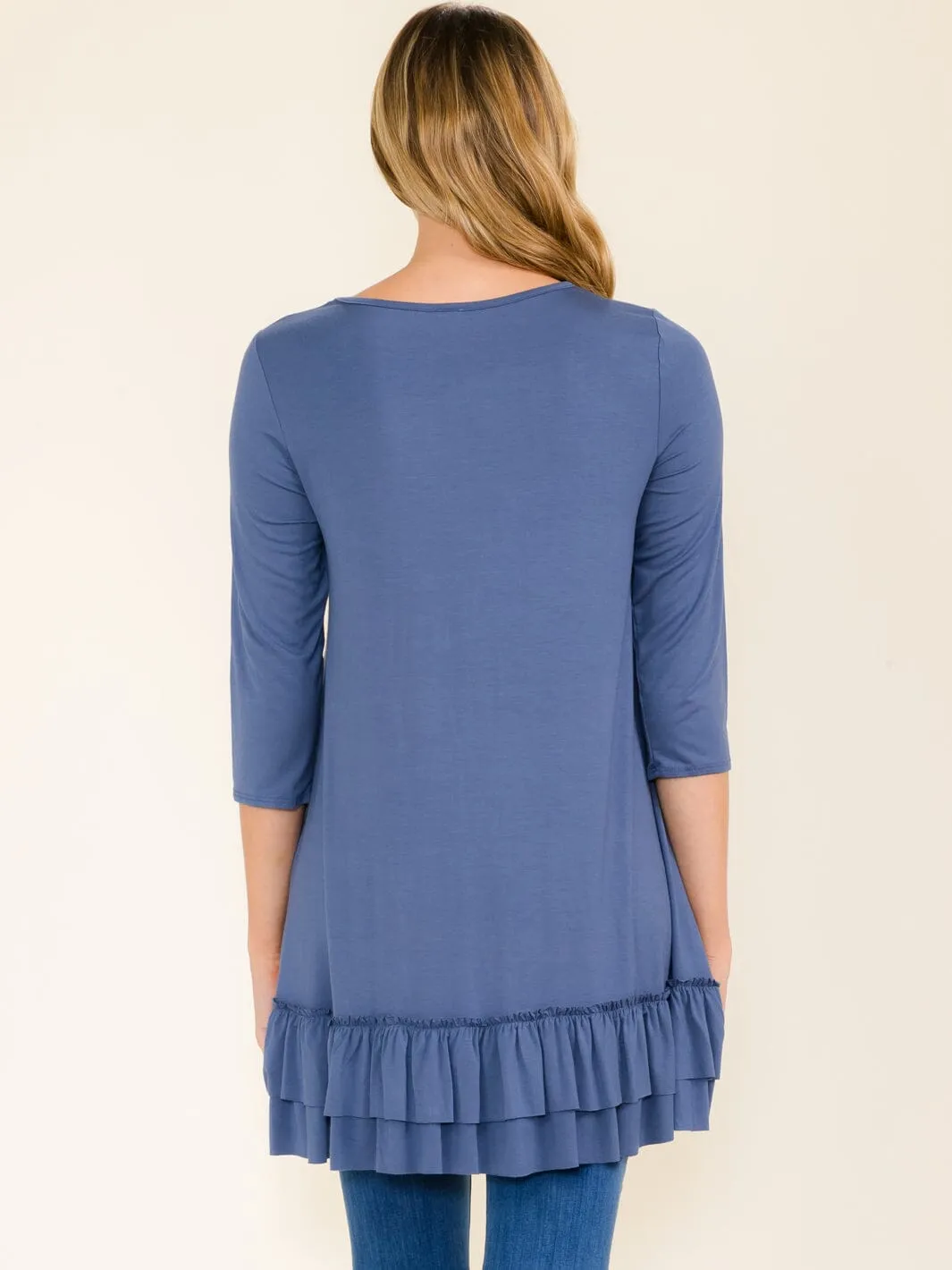 WOMEN'S 3/4 SLEEVES RUFFLE BOTTOM HEM TUNIC HIGH-LOW TOP