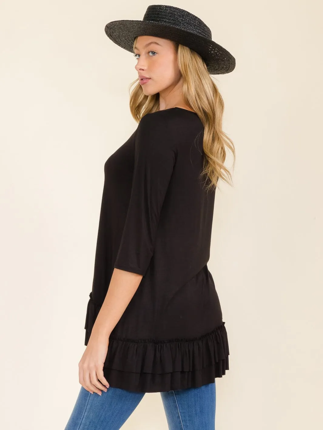 WOMEN'S 3/4 SLEEVES RUFFLE BOTTOM HEM TUNIC HIGH-LOW TOP