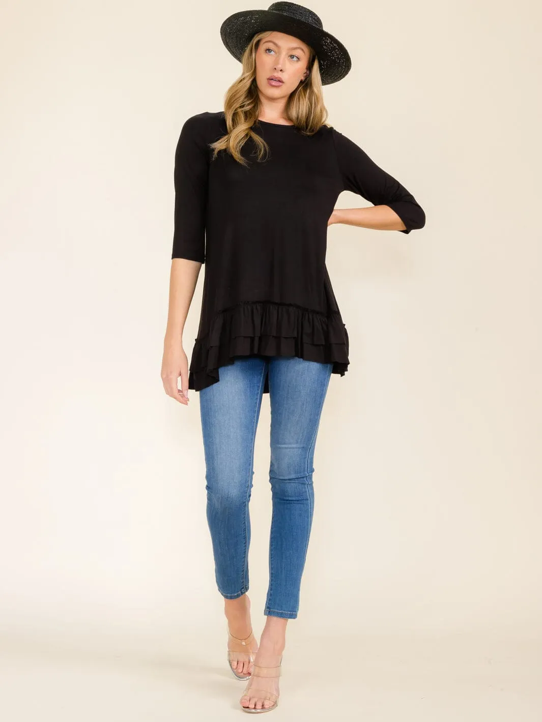 WOMEN'S 3/4 SLEEVES RUFFLE BOTTOM HEM TUNIC HIGH-LOW TOP