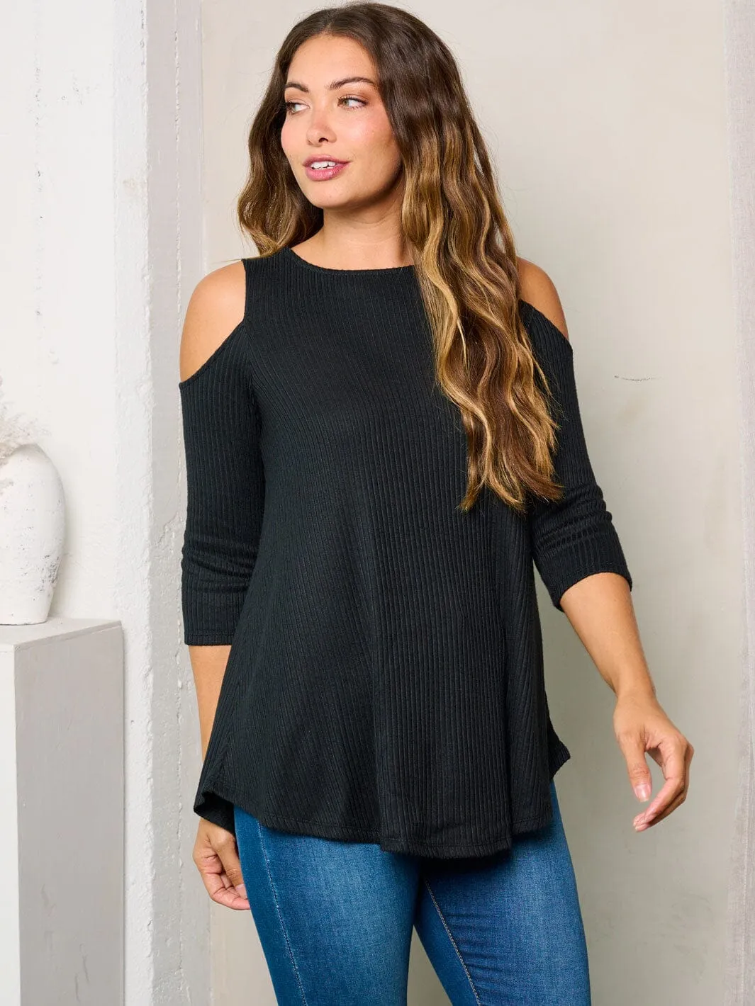 WOMEN'S COLD SHOULDER 3/4 SLEEVE TUNIC TOP
