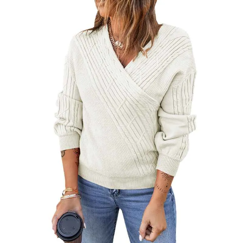 Womens Elegant Deep V Neck Wrap Long Sleeve Chunky Cable Knit Jumper Pullover Sweaters K166