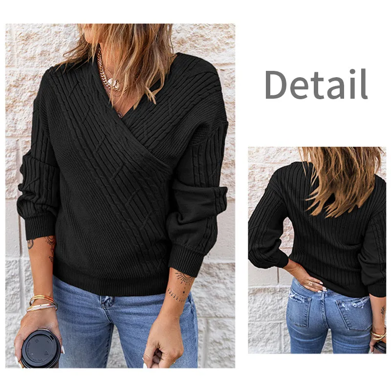 Womens Elegant Deep V Neck Wrap Long Sleeve Chunky Cable Knit Jumper Pullover Sweaters K166