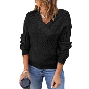 Womens Elegant Deep V Neck Wrap Long Sleeve Chunky Cable Knit Jumper Pullover Sweaters K166