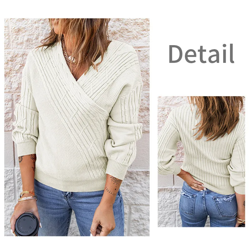 Womens Elegant Deep V Neck Wrap Long Sleeve Chunky Cable Knit Jumper Pullover Sweaters K166