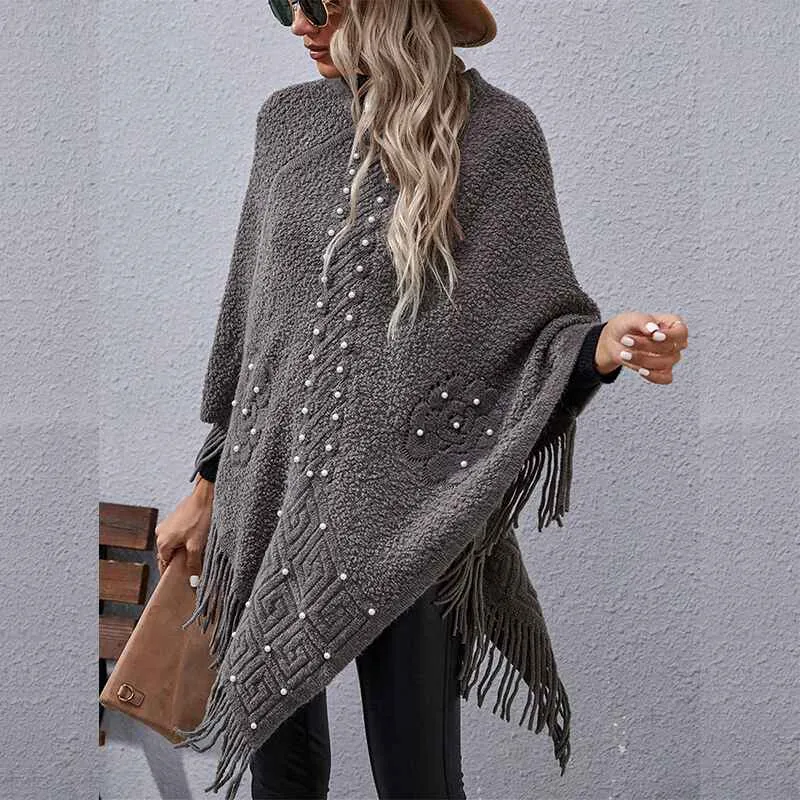 Women's Fall Winter Turtleneck Poncho Sweater Fashion Chunky Knit Cape Wrap Sweaters Pullover Jumper Tops K384