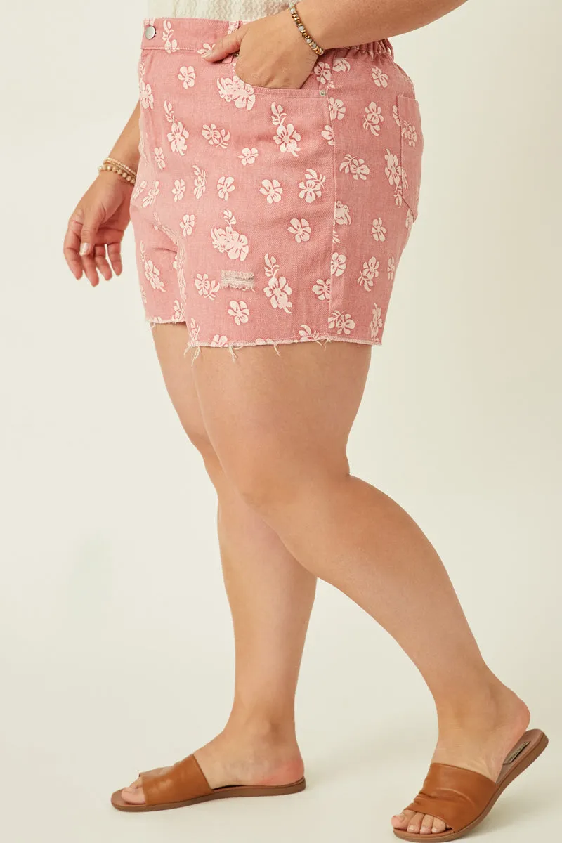 Womens Floral Printed Distressed Denim Shorts