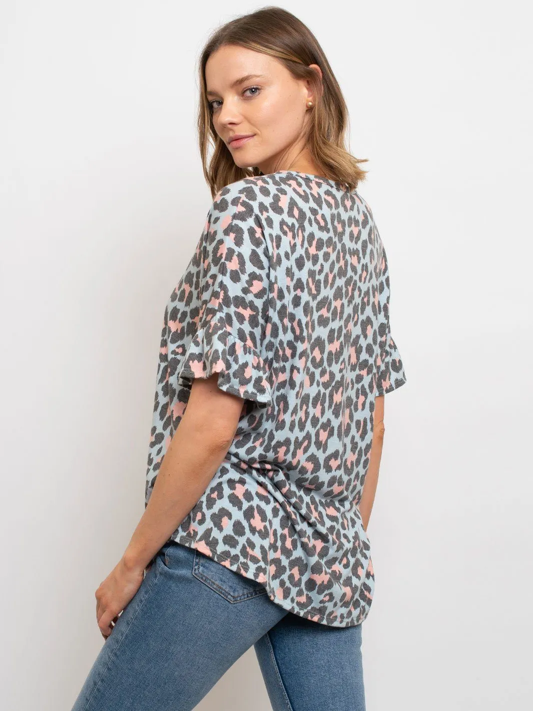 WOMEN'S LEOPARD PRINT FRONT KNOT TUNIC W/BUTTONS ON SLEEVES