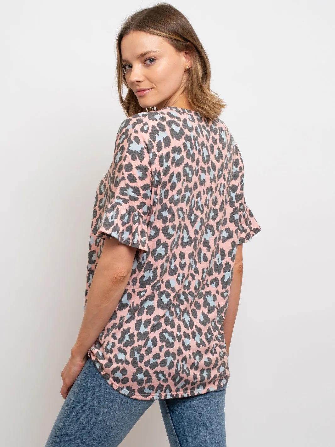 WOMEN'S LEOPARD PRINT FRONT KNOT TUNIC W/BUTTONS ON SLEEVES