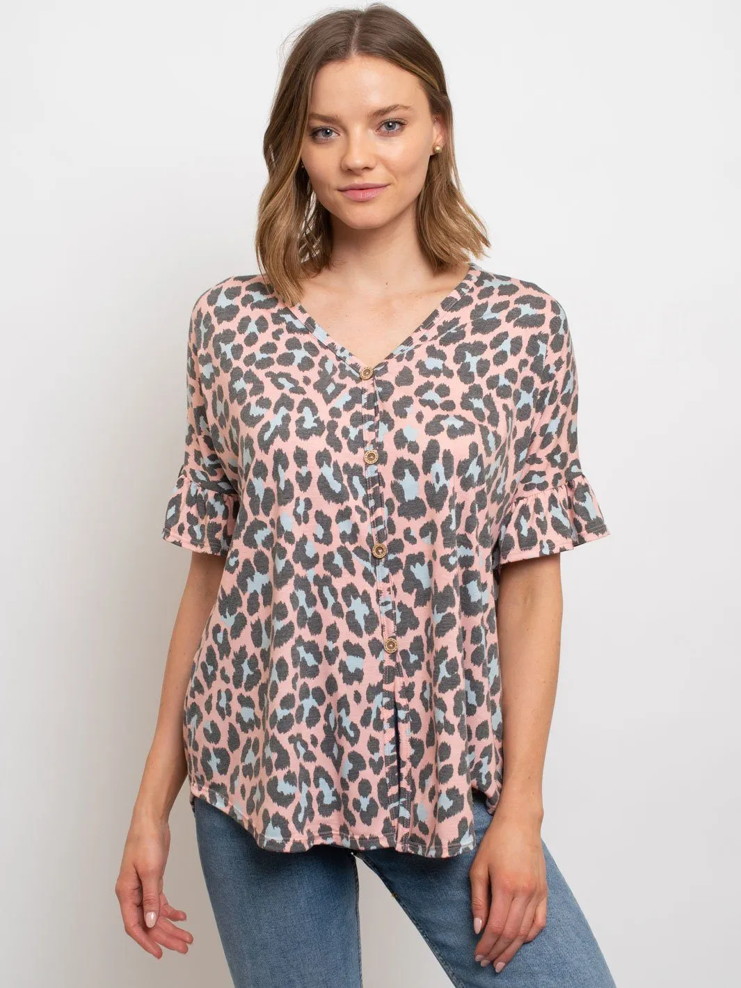 WOMEN'S LEOPARD PRINT FRONT KNOT TUNIC W/BUTTONS ON SLEEVES