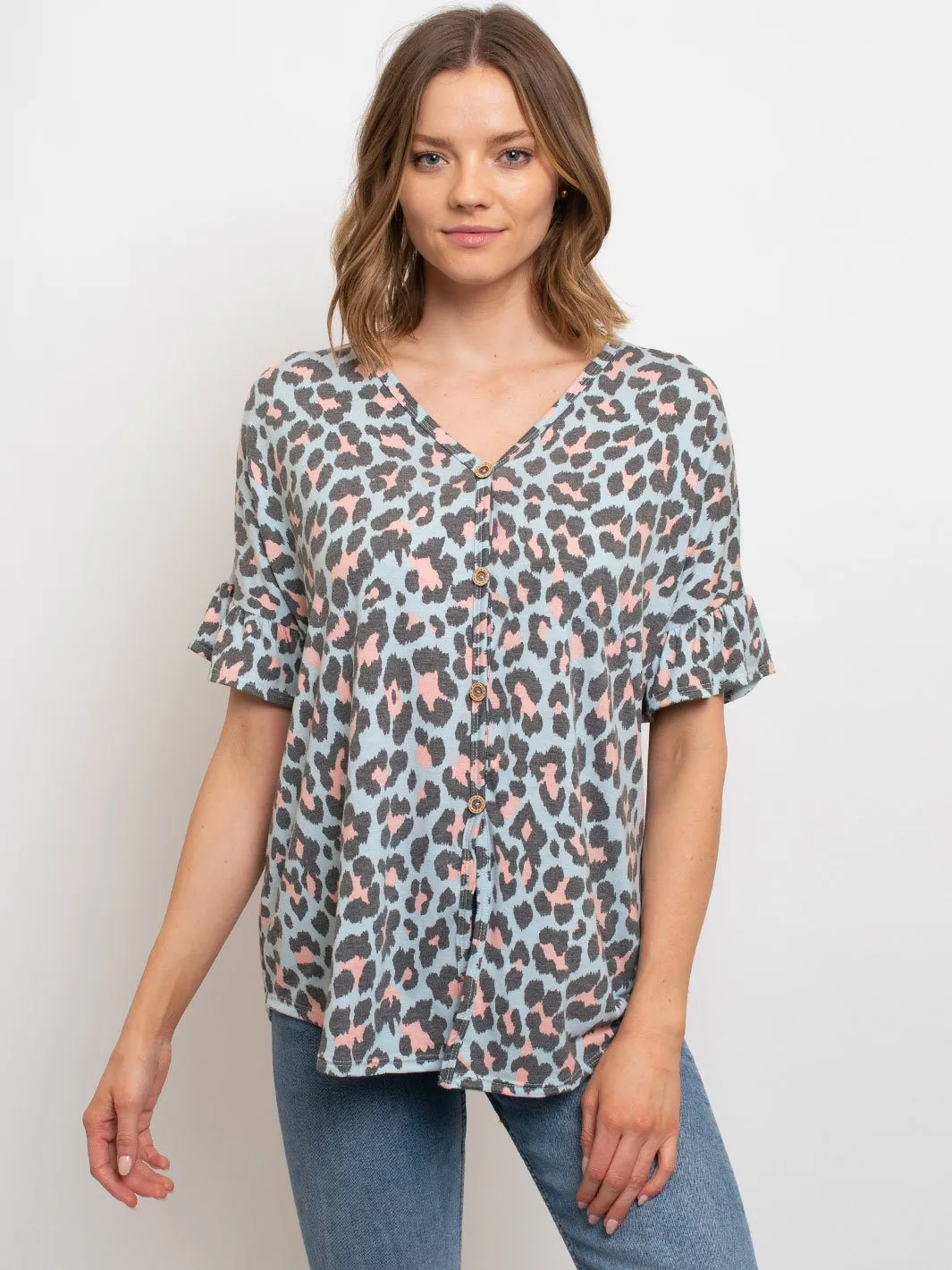 WOMEN'S LEOPARD PRINT FRONT KNOT TUNIC W/BUTTONS ON SLEEVES