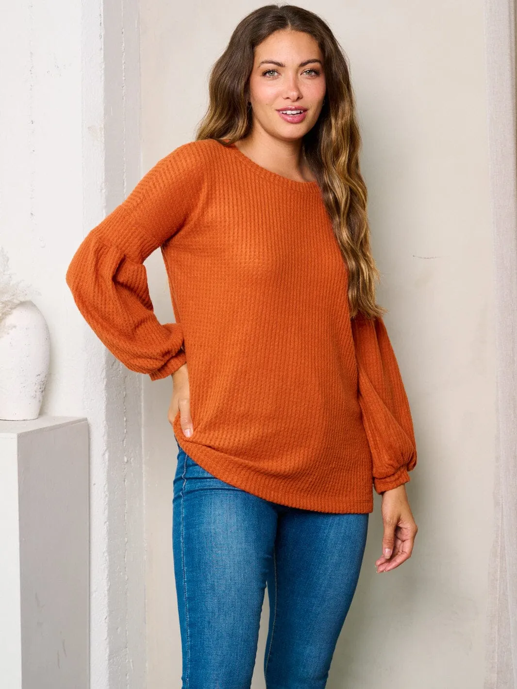 WOMEN'S LONG BALLOON SLEEVES WAFFLE TUNIC TOP