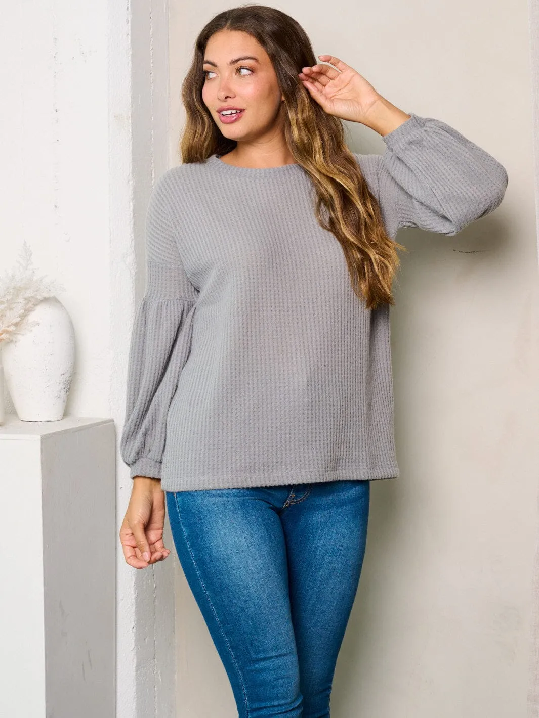 WOMEN'S LONG BALLOON SLEEVES WAFFLE TUNIC TOP