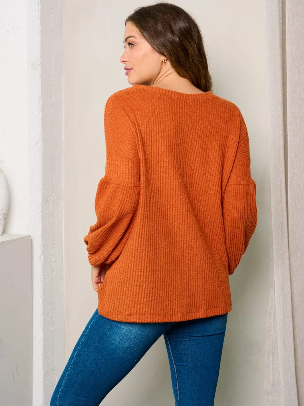 WOMEN'S LONG BALLOON SLEEVES WAFFLE TUNIC TOP