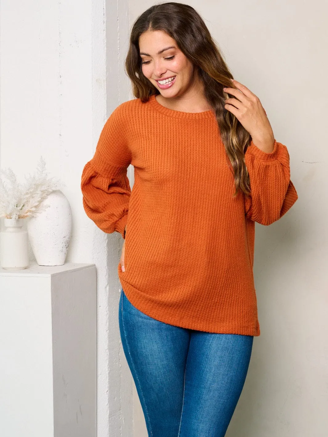 WOMEN'S LONG BALLOON SLEEVES WAFFLE TUNIC TOP