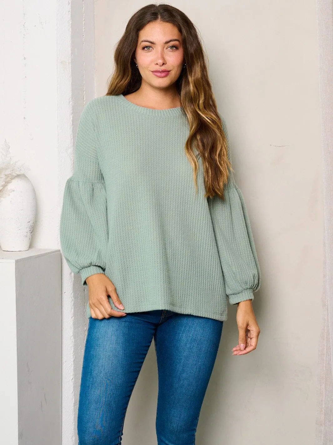 WOMEN'S LONG BALLOON SLEEVES WAFFLE TUNIC TOP